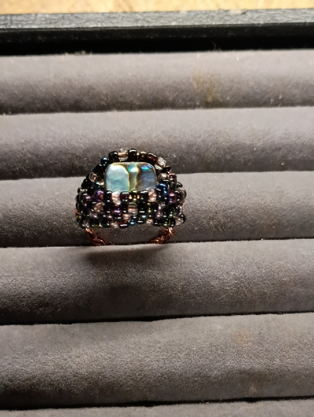 Handcrafted Beaded Ring with Iridescent Center - Black Multicolor